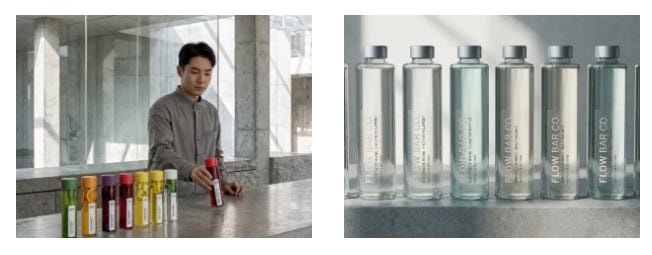 Flow Bar Co. glass shelf display with full product line
